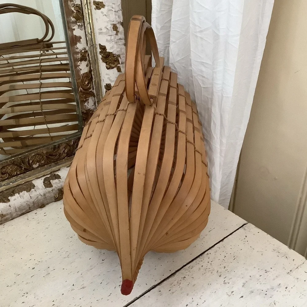 Vintage Japanese Folding Collapsible Wood Market Basket Bamboo Wood Purse